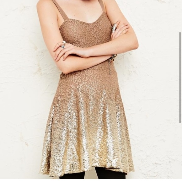 Free People Gold Metallic Lace Moonlight Ombré Dress - Picture 2 of 14